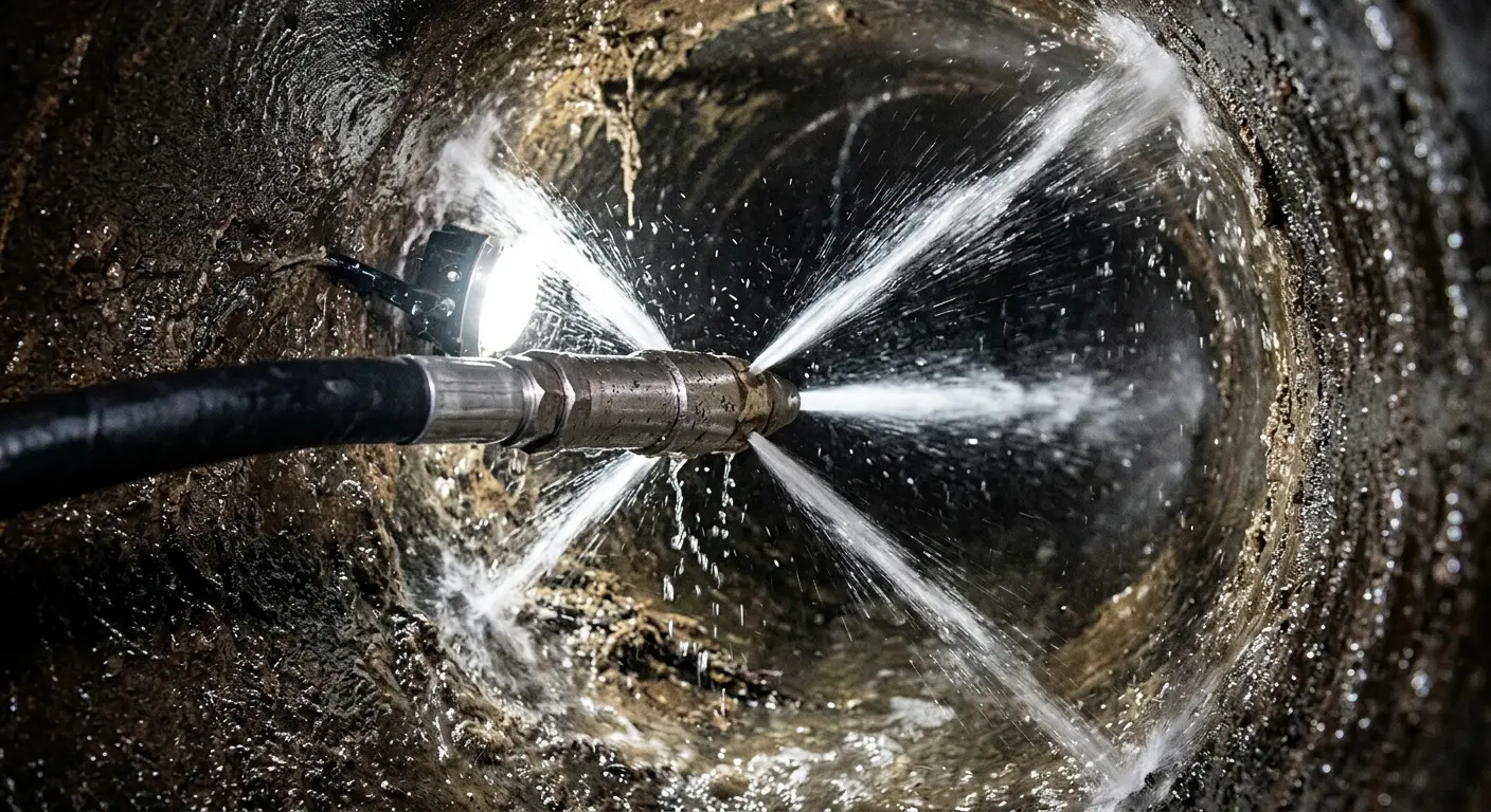 High-pressure hydro jetting nozzle cleaning sewer pipe for Trenchless Sewer Repair in Northfield