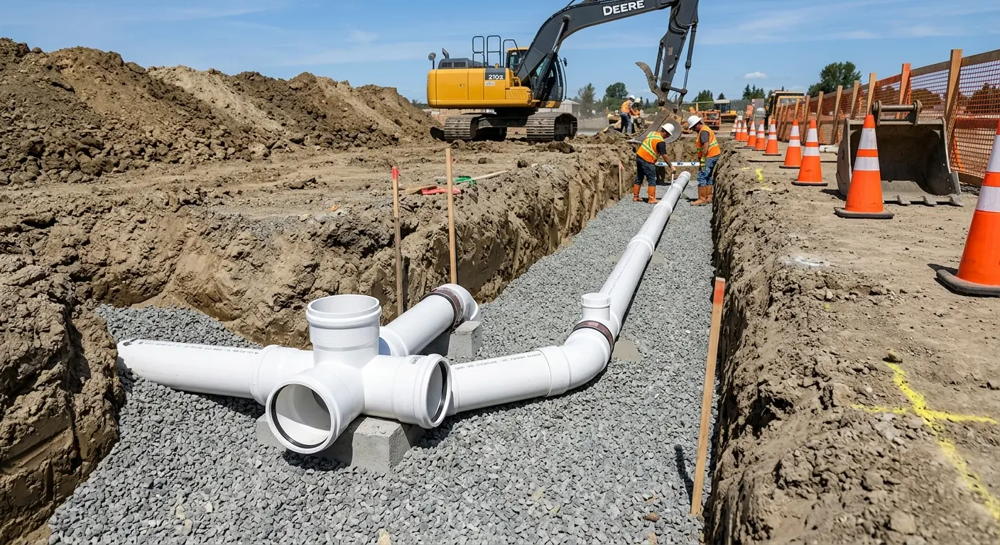 New PVC sewer pipe installation in open trench for Sewer Backup in Northfield
