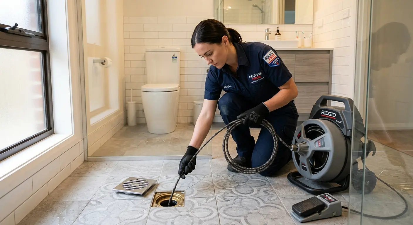 Technician clearing a bathroom floor drain for Drain Cleaning in Northfield